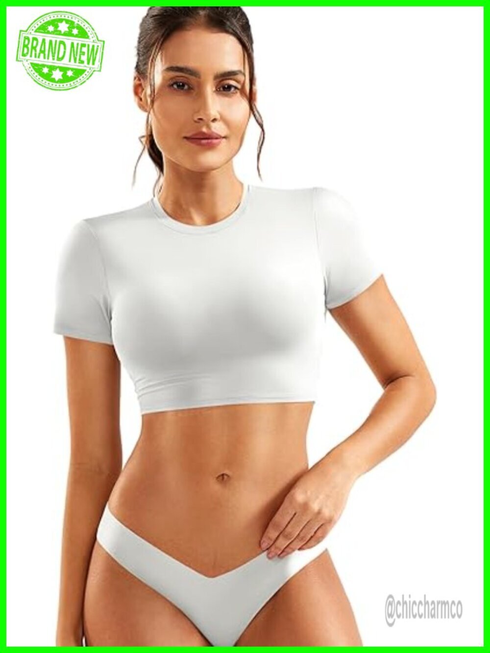 Double Lined Crop Top Crew Neck Slim Fit Workout Tee Short Sleeve Basic Going